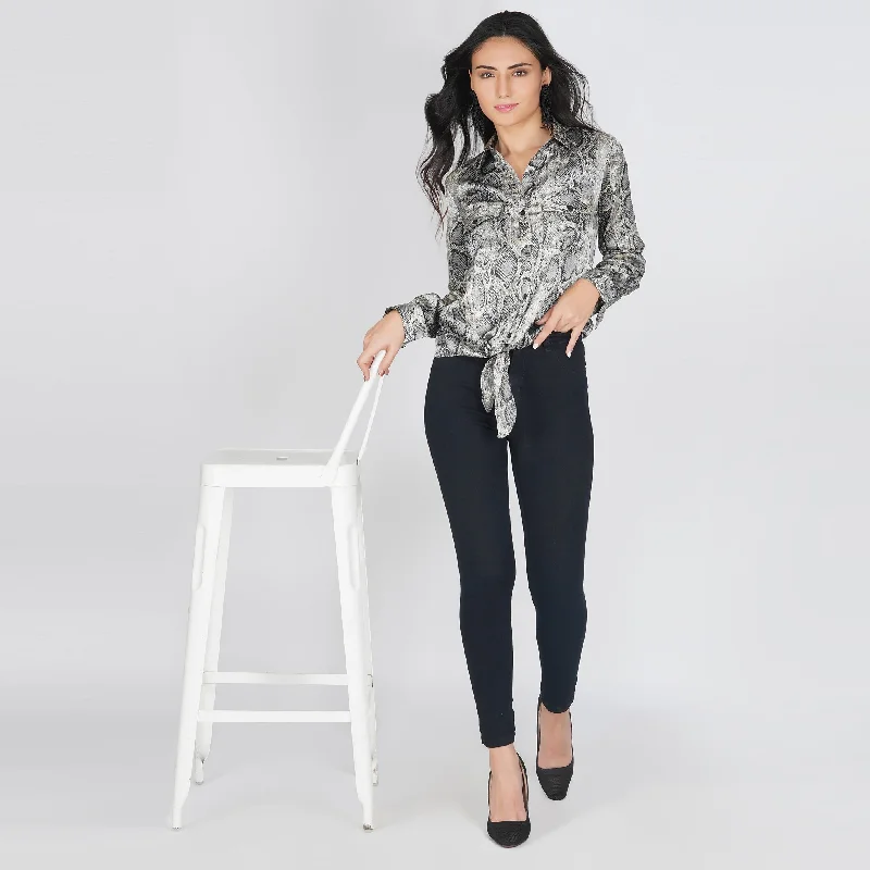 Fashionable and versatile SLAY. Women's Animal Print Shirt with Front Tie Knot & Roll Up Sleeves