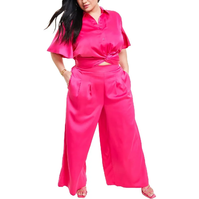 Multi-functional style Nina Parker Womens Plus Pleated Satin Wide Leg Pants