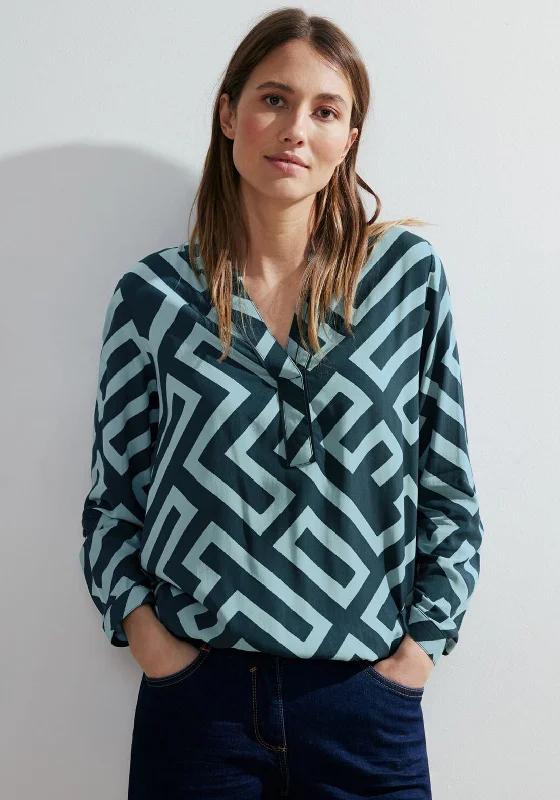 Party Wear Cecil Split Neck Graphic Print Top, Strong Petrol Blue