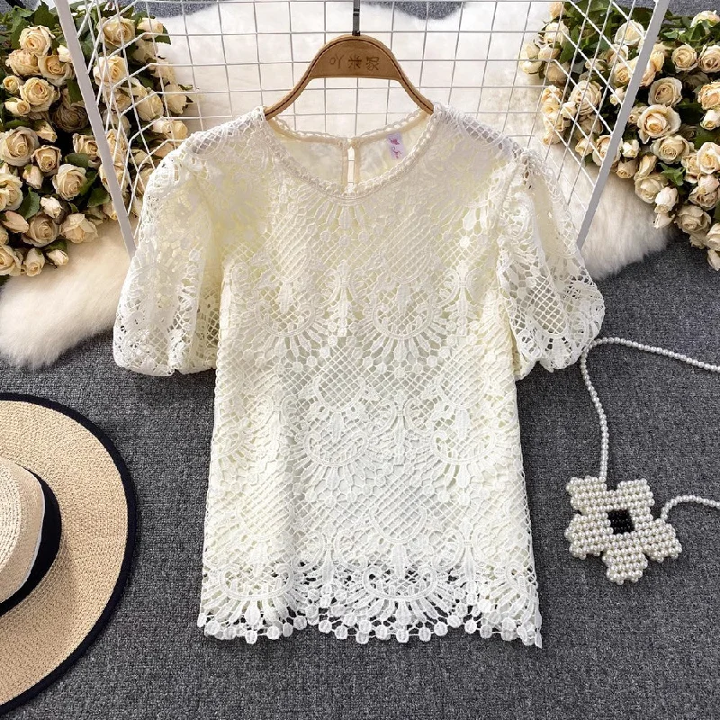 Sports litigation style Bubble Short-Sleeved Round Neck Women’s Lace Top       S3991