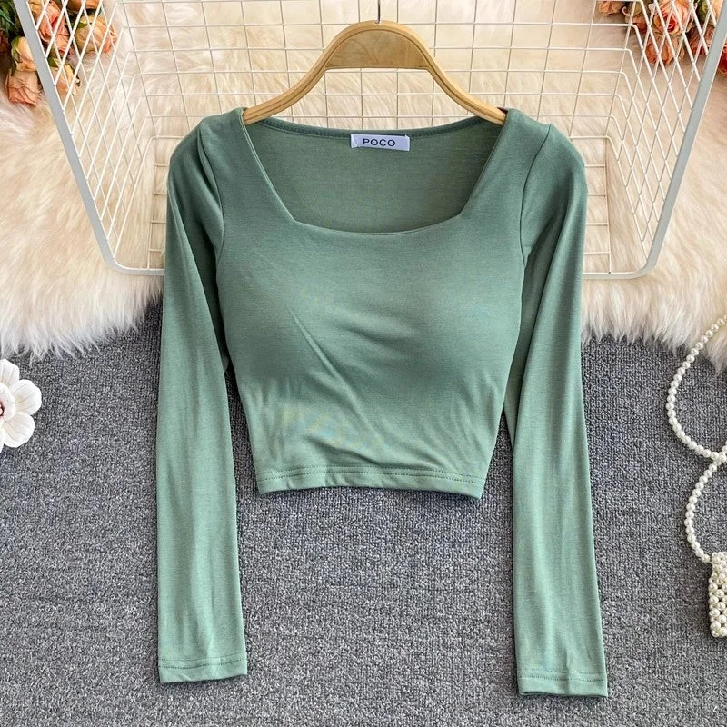 Amazing design square collar t-shirt with chest pad for women short shirt top long sleeves      S3986