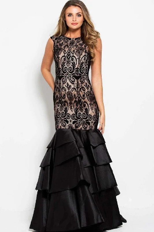 Retro Woolen Jacket Jovani - 52086 Lace Jewel Neck Tiered Trumpet Dress