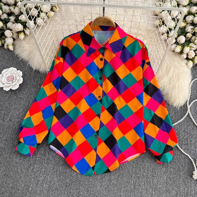 High-quality fabrics Designed plaid shirt printed long-sleeved top for women     S3955