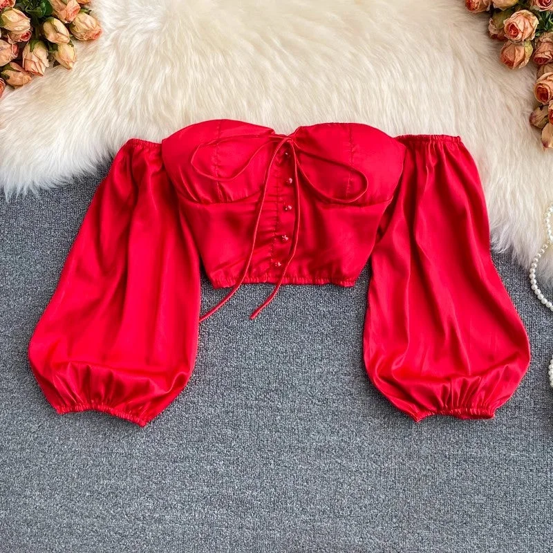 Alice style Sexy off-shoulder tube top, puff-sleeved short chic top    S3967