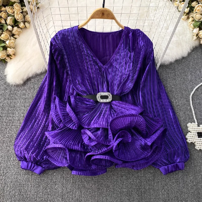 Design sense lantern long-sleeved V-neck shirt for women    S3981