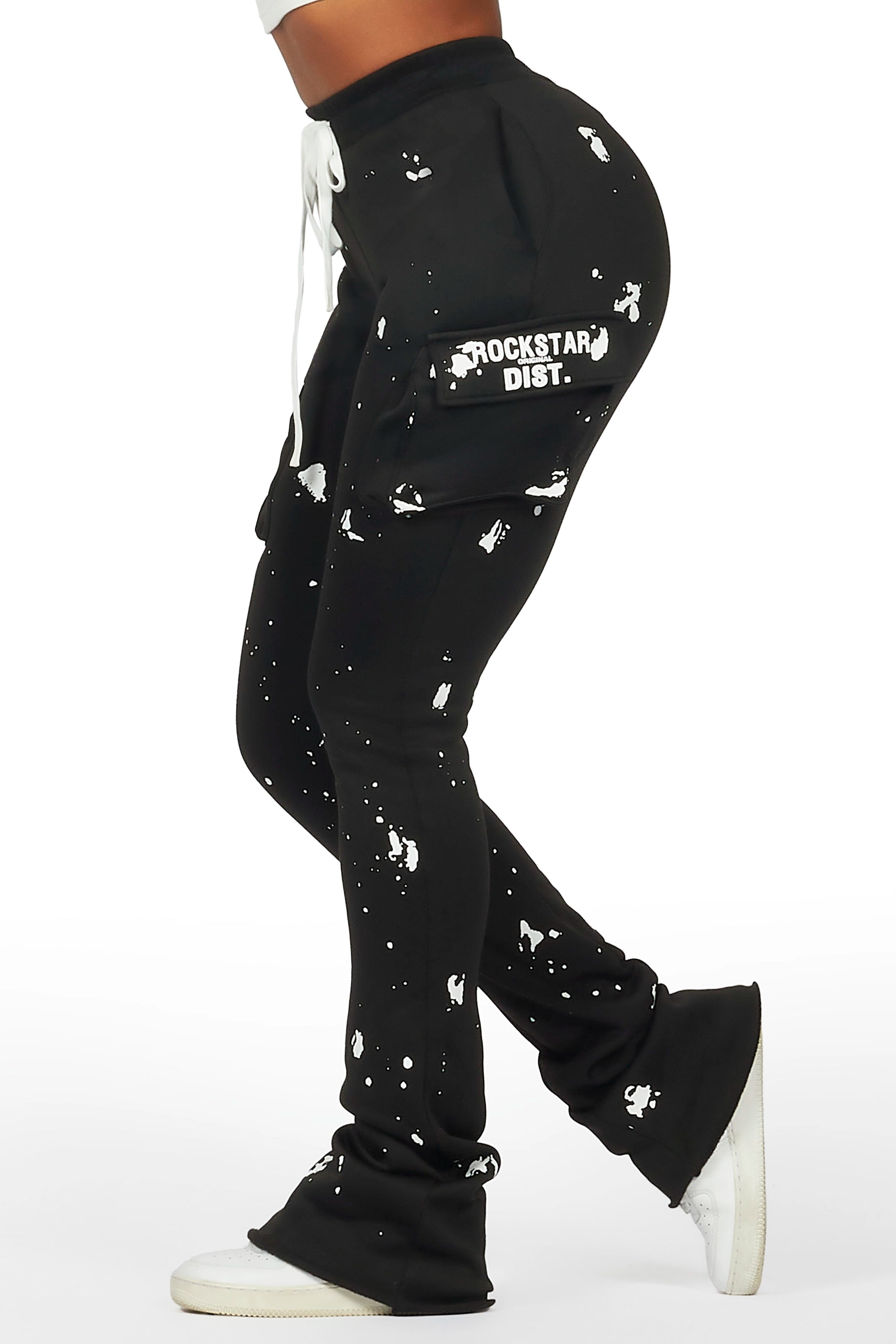 Elegant And Elegant Antonia Black Cargo Stacked Track Pant