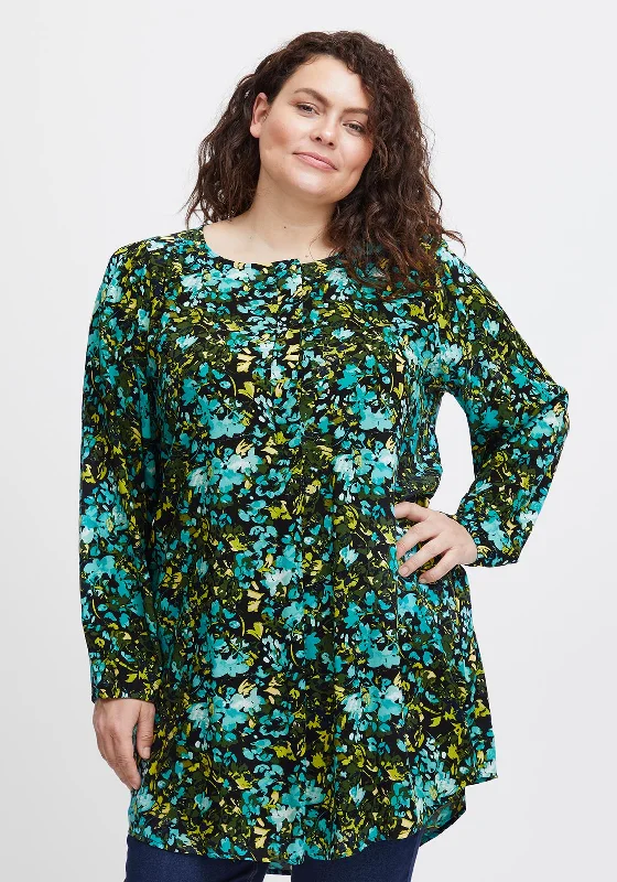 Single-shoulder Neck Design Fransa Curve Floral Print Tunic Blouse, Porcelain Green