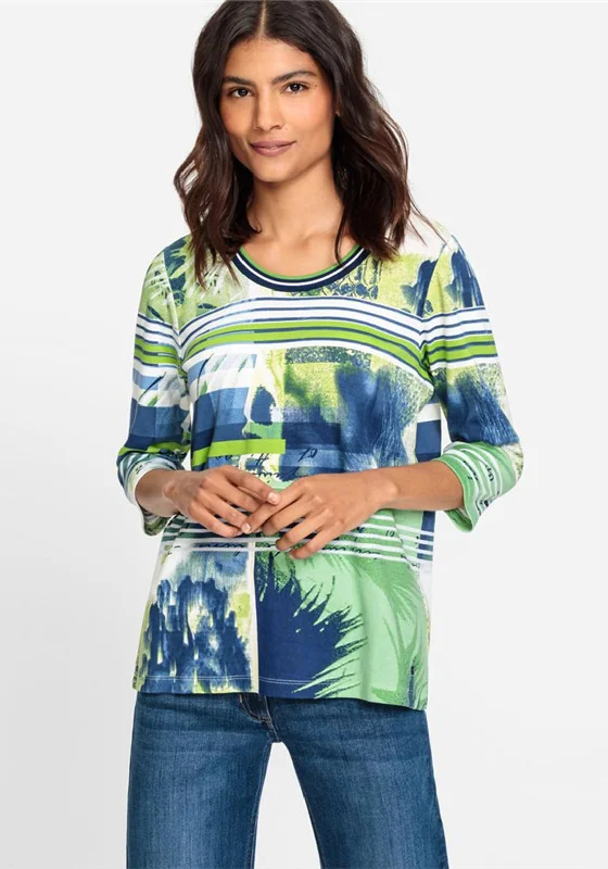 Stand-up collar design Olsen Hannah Tropical Print Crew Neck Top, Night Blue