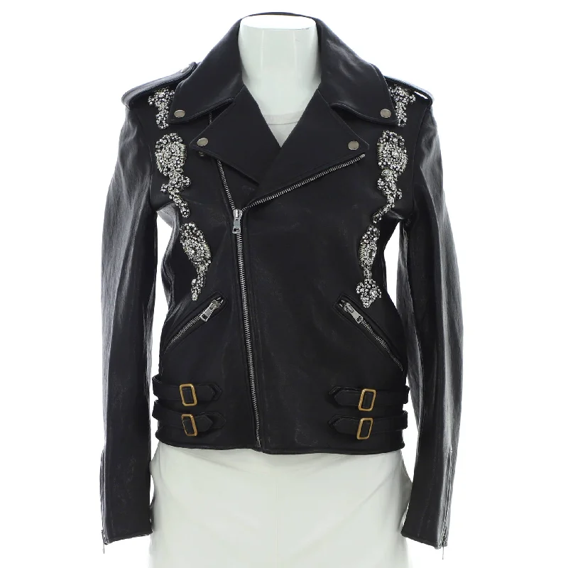 Hooded design Women's Biker Jacket Leather with Crystal Embellished Details