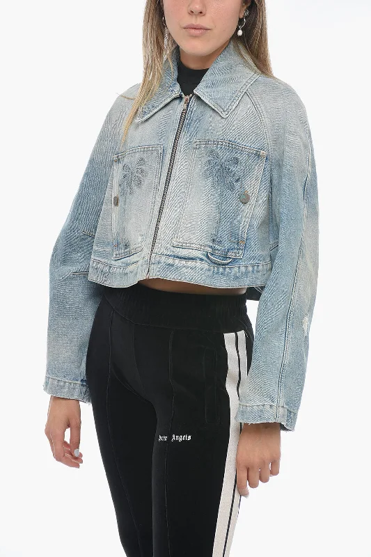 Street Letter Style Palm Angels Cropped Fit Denim Jacket with Front Zip