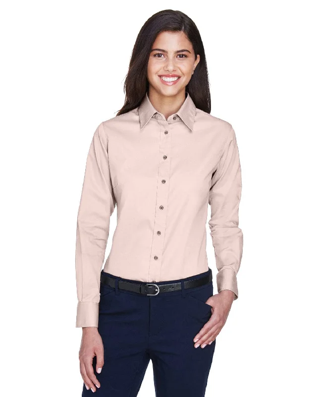 Mid-length Style Harriton Ladies Long Sleeve Stain-Release Twill Shirt | Blush