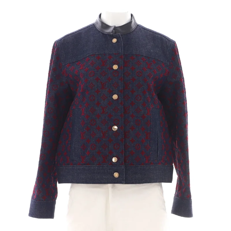 Fashionable sports Women's Flocked Button Up Jacket Monogram Denim and Leather