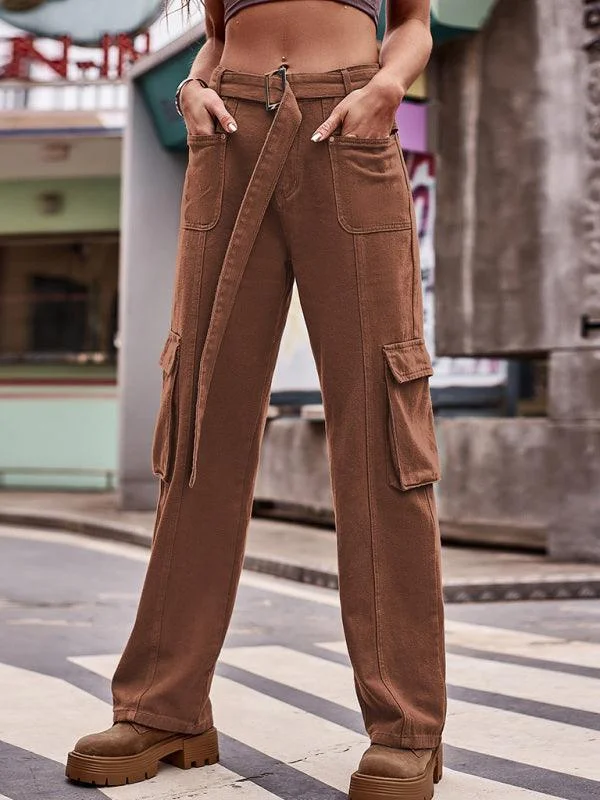 High waist design Belted Women Cargo Pants