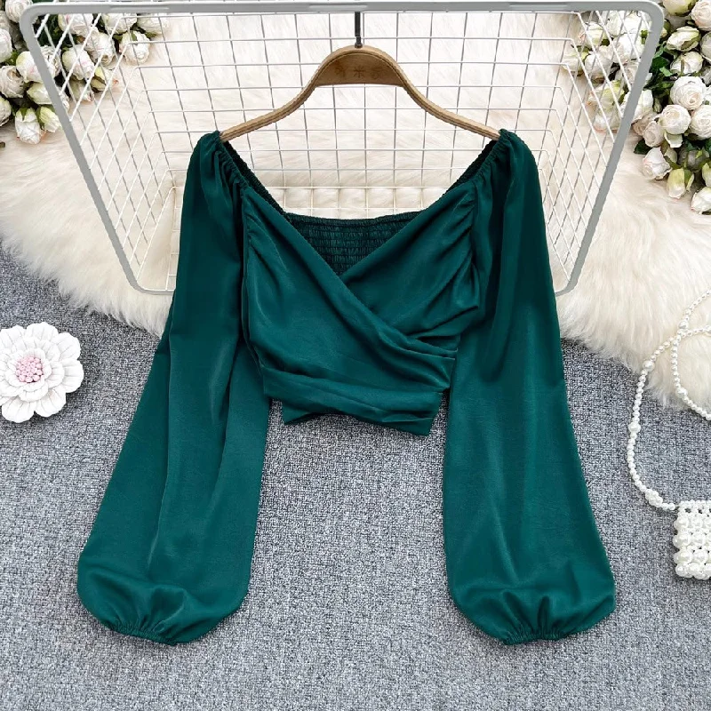 Extra long version Fashionable V-neck pleated bubble long-sleeved shirt for women, fashionable and chic short top     S3962