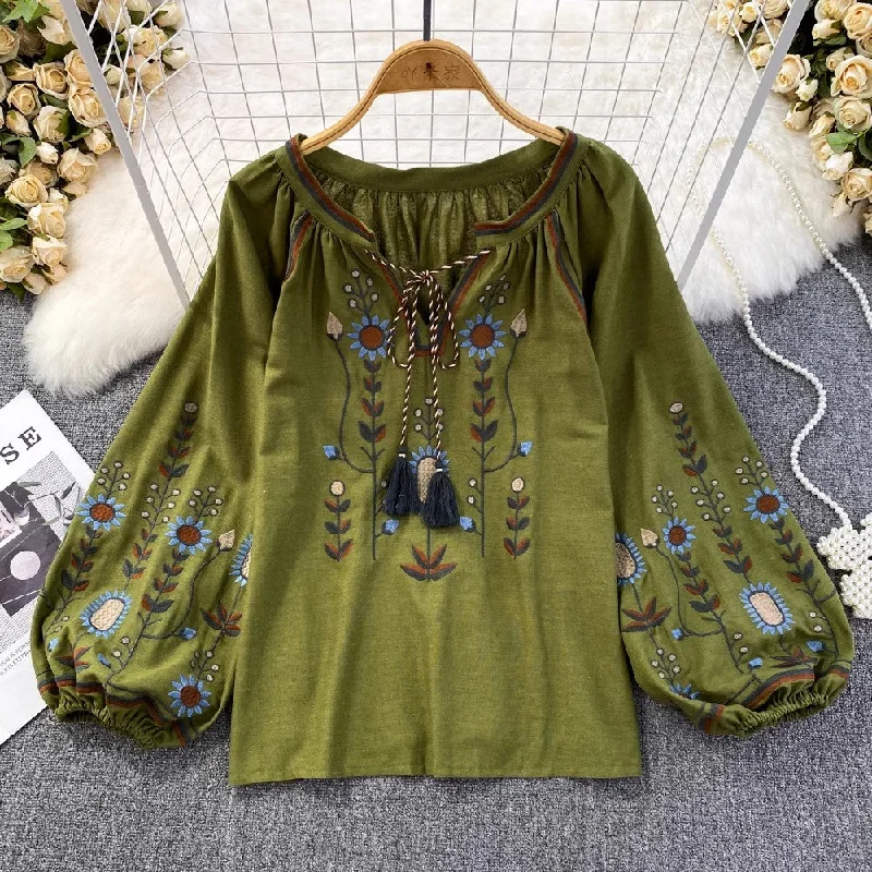 Round neck design embroidered round neck shirt women's casual top       S3965