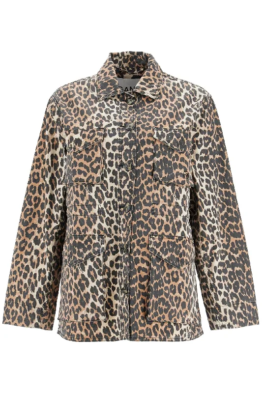 Street Show-off Style Ganni Women's Leopard Print Canvas Overshirt