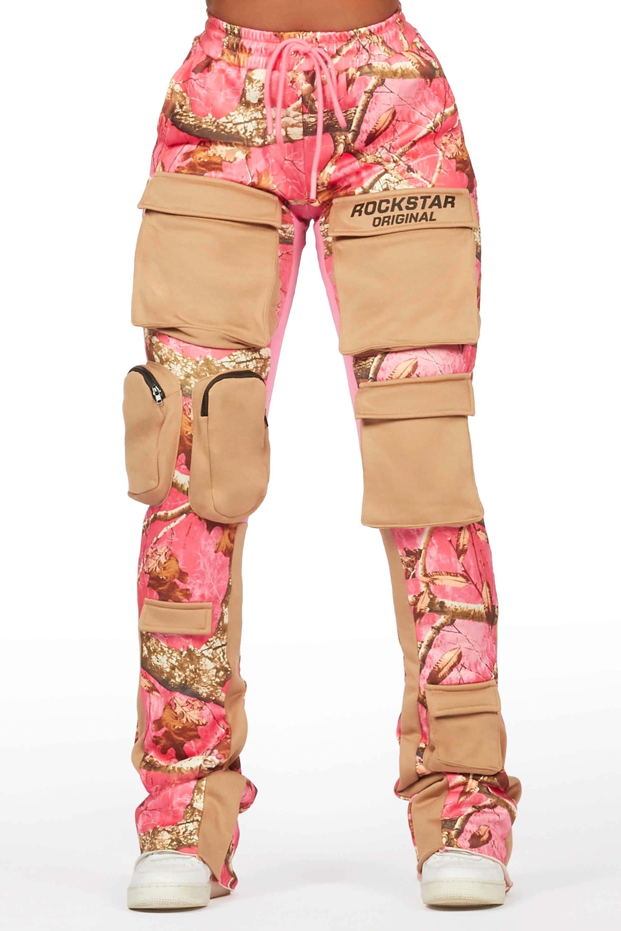 Literary Style Norika Pink Tree Camo Stacked Track Pant