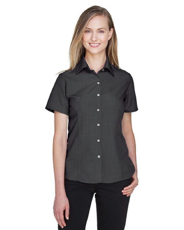 Round neck design Harriton Ladies Barbados Textured Camp Shirt | Black