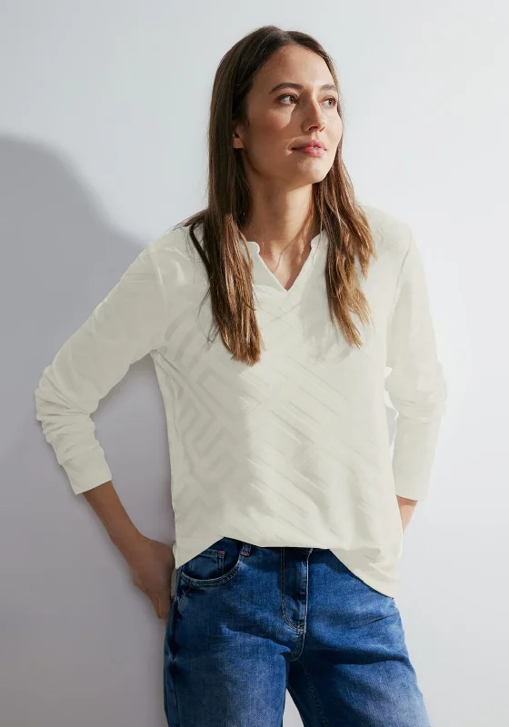 Energetic Cecil Jacquard Split Neckline Top, Vanilla White