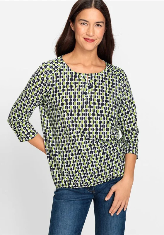 Printed pattern Olsen Clara Slit Neck Dotted Top, Kiwi Green
