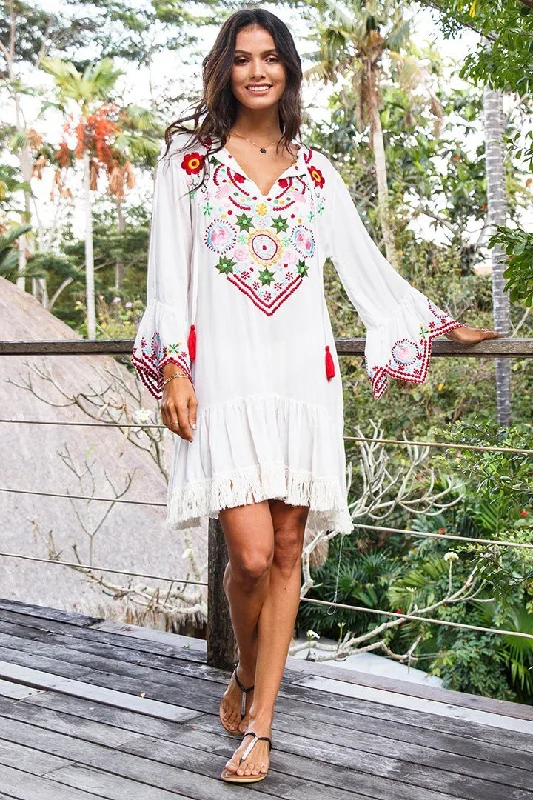 Knitted Design SHU-SHI Women's Bohemian Embroidered Tunic Dress - Bell Sleeve Swimsuit Cover-Up & Casual Short Shift Dress