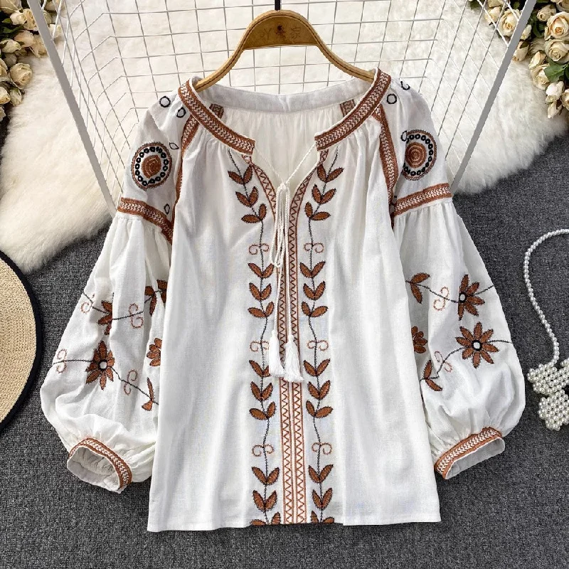 Windbreaker fashion long-sleeved round neck embroidered shirt for women casual tops     S3952