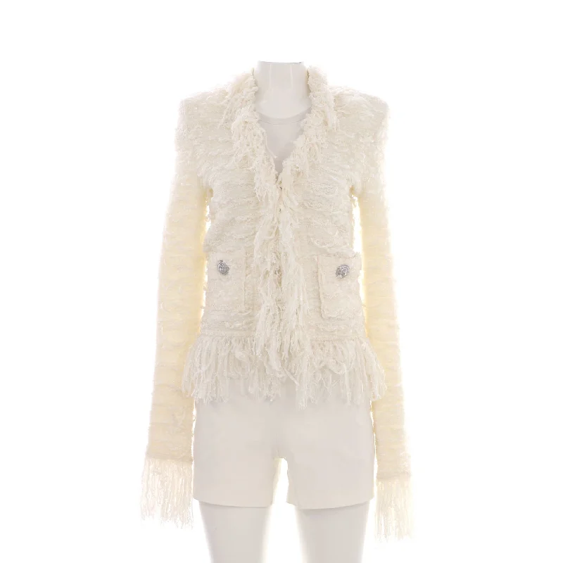 High waist design Women's Fringe Trim Collarless Pocket Jacket Tweed
