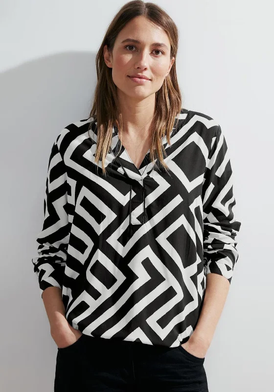 Elegant And Lazy Cecil Split Neck Graphic Print Top, Black