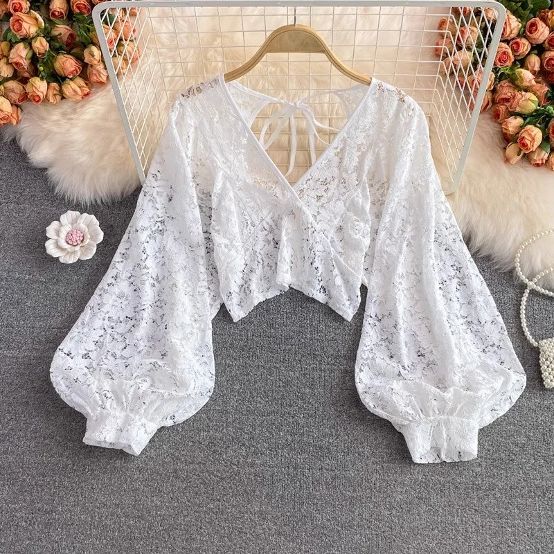 Fun and cute new elegant V-neck lace shirt long-sleeved shirt backless short top for women     S3988