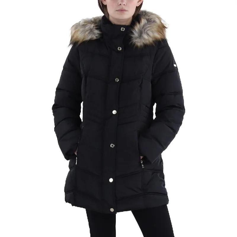 Sports Fitness Wear Womens Faux Fur Trim Hooded Puffer Jacket
