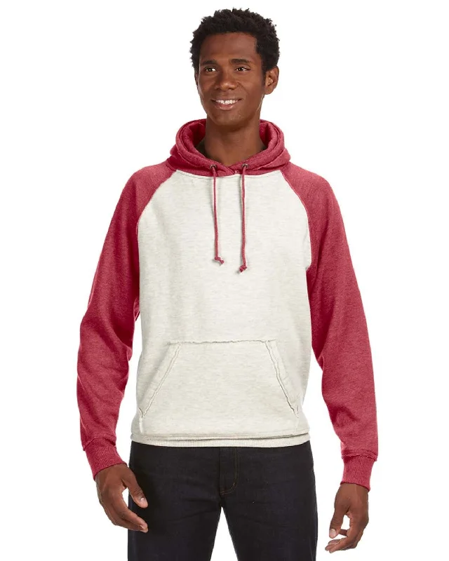 Single-shoulder Neck Design J America Adult Vintage Heather Pullover Hooded Sweatshirt | Oatml Hthr/ Red