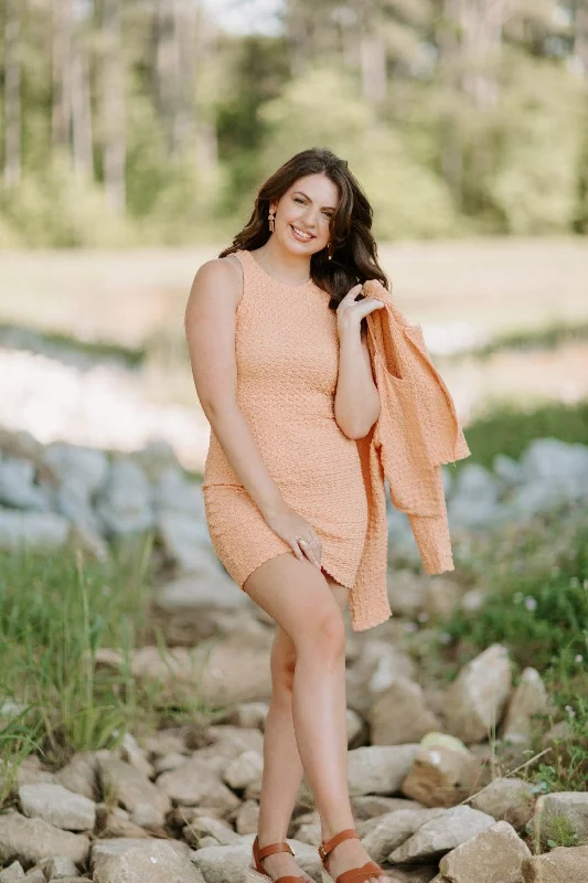 Street Style Peach Color Textured Set Mini Dress