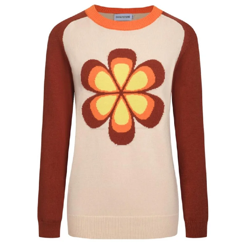 Cool Breeze At Night Women's vintage brown floral knitted long-sleeved T-shirt