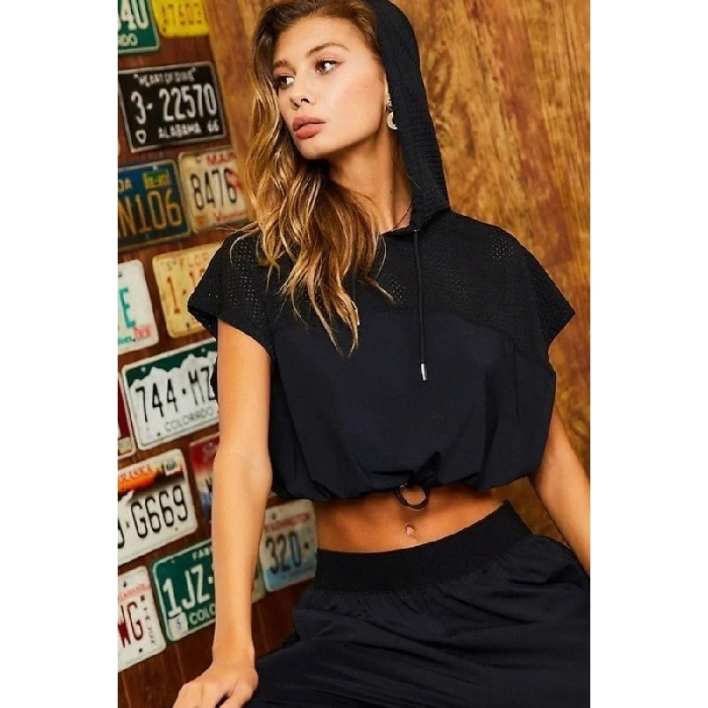 Casual And Versatile Hoodie Waist Adjustable Contrast Mesh Crop Top