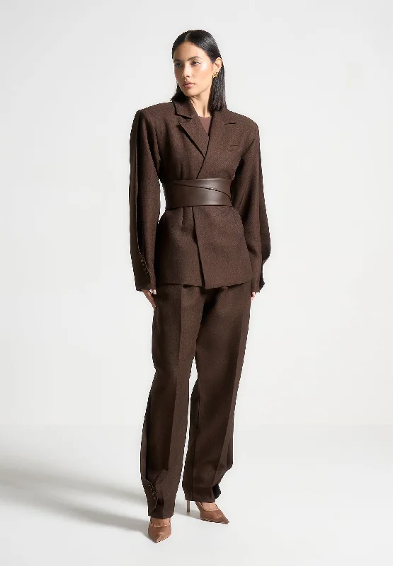 Letter embroidery Twist Sleeve Tailored Blazer with Belt - Brown
