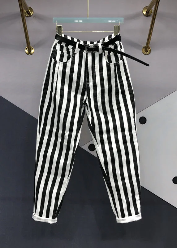 Single item design French Black White Striped Pockets Patchwork Denim Pants Fall