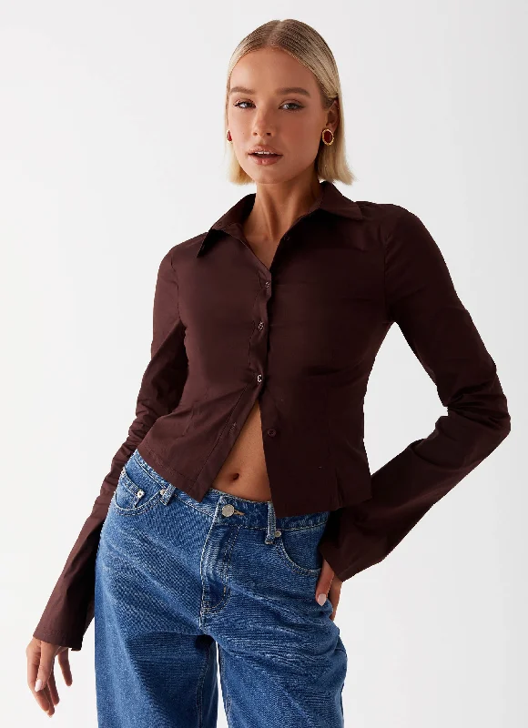 Fashion Style Leah Fitted Button Up Shirt - Chocolate