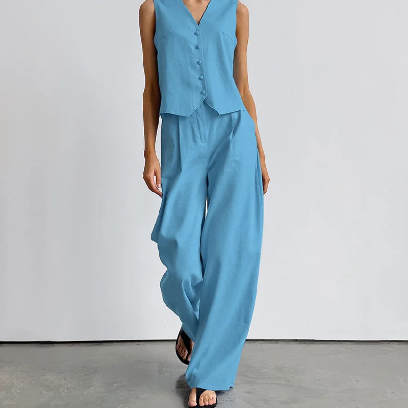 Retro Lace Fabric Casual V Neck Sleeveless Tops and Pant Suits