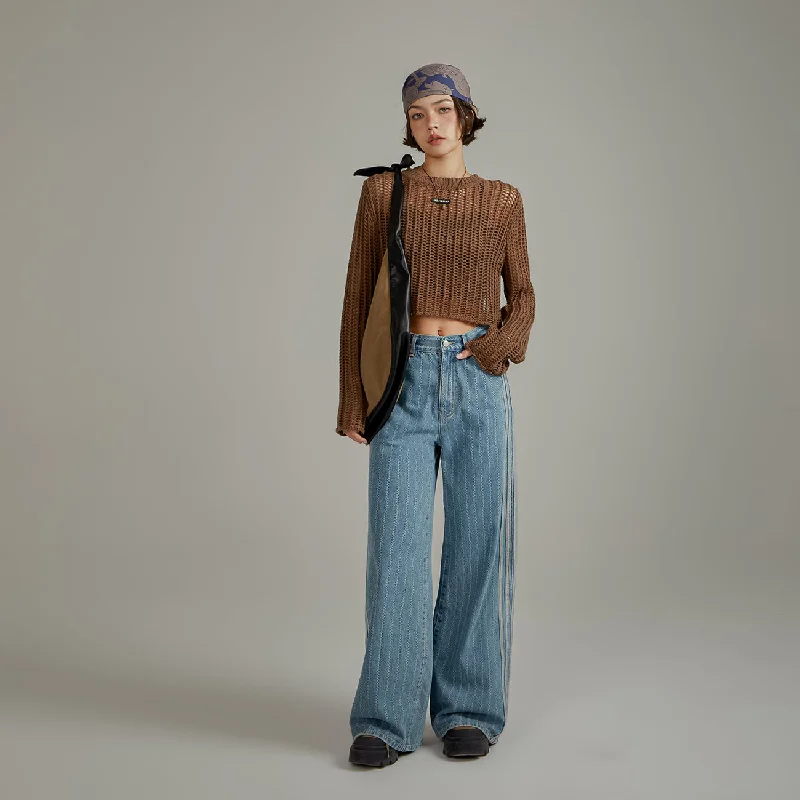 Street Sports Style Color Striped Wide Leg Denim Jeans