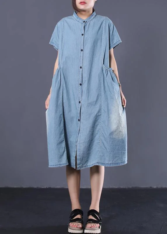 Sports Tights Elegant denim blue cotton clothes Women Cinched pockets long summer Dresses
