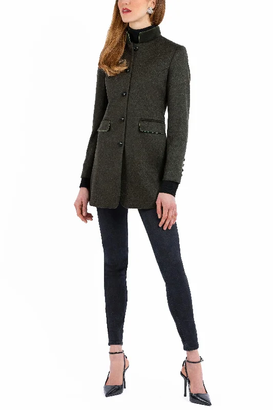 Mid-length Style Long blazer in deep moss green combed cashmere