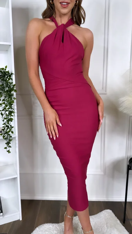 High waist design Cezanne Rasberry Midaxi Dress