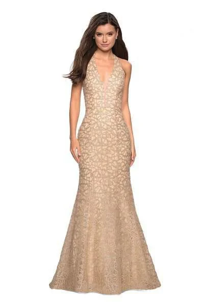 Single-shoulder Neck Design La Femme - 27228 Metallic Lace Deep Halter V-neck Mermaid Dress Single-shoulder Neck Design La Femme - 27228 Metallic Lace Deep Halter V-neck Mermaid Dress
