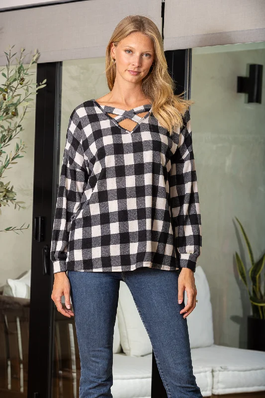 Warm and substantial BLACK MADRAS PRINT LONG SLEEVES TUNIC KNIT TOP ET5144