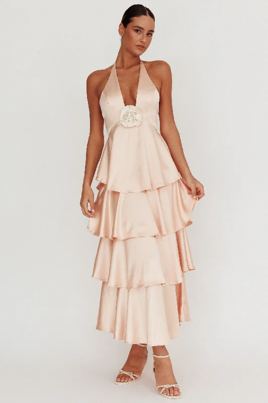 Boutique style Catalina Tiered Ruffle Rosette Maxi Dress Peach