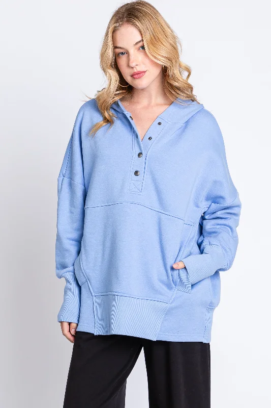 Personalized print Light Blue Hooded Button Pullover Sweater