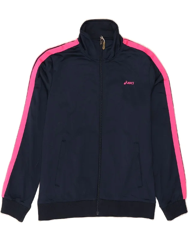 Retro Lace Fabric ASICS Womens Tracksuit Top Jacket UK 14 Large Navy Blue Colourblock