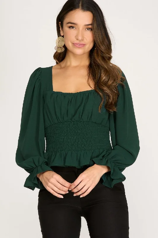 Sports Comfort Style SEA GREEN PUFF SLEEVES SMOCKED WAIST BACK DETAILED WOVEN TOP S8SS8588
