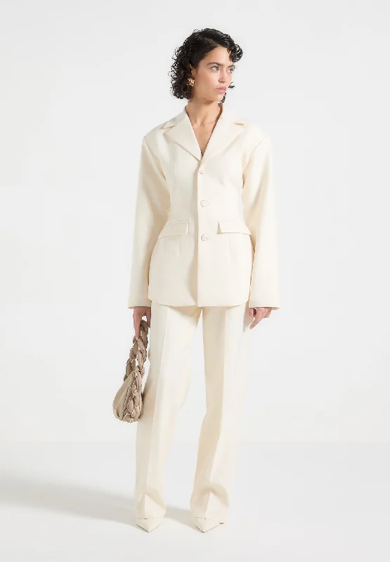 Cool Breeze At Night Wide Shoulder Cinch Waist Blazer - Cream