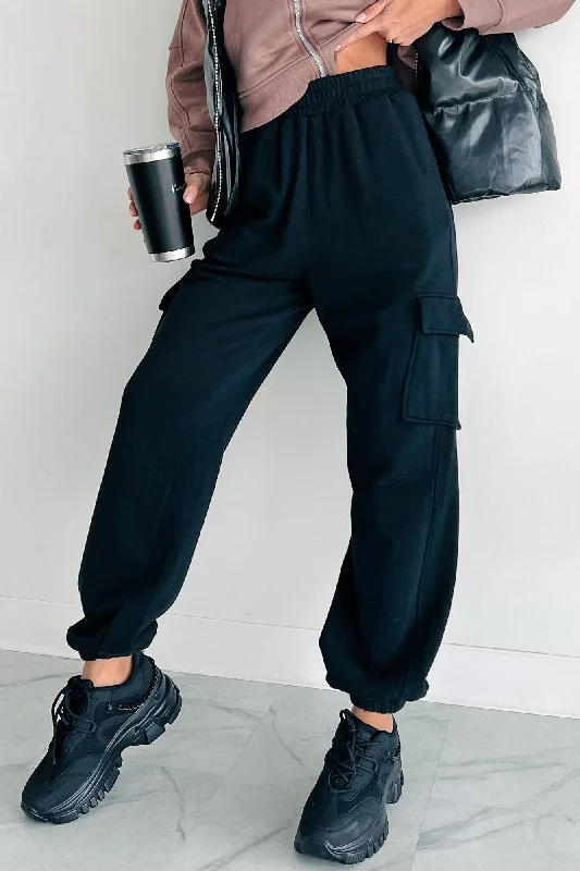 Sports suit style Practicing Patience Fleece Cargo Joggers (Black)